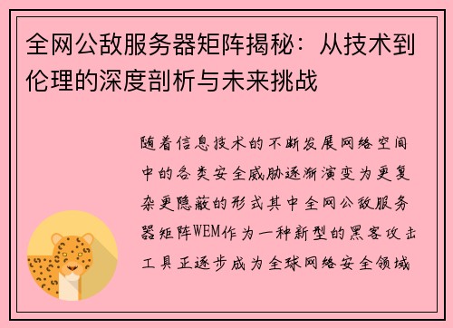 全网公敌服务器矩阵揭秘：从技术到伦理的深度剖析与未来挑战