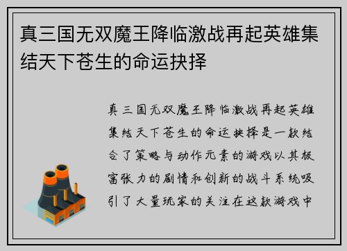 真三国无双魔王降临激战再起英雄集结天下苍生的命运抉择